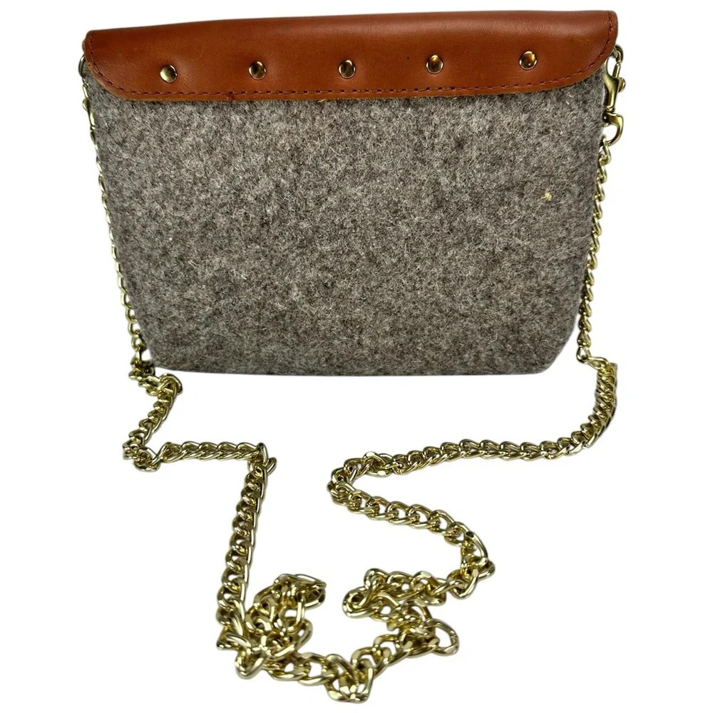SWORD & PLOUGH Grey Wool Crossbody Bag - Brown Leather Gold Chain - Picture 2 of 9